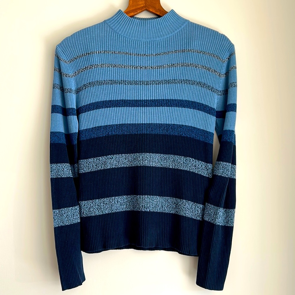 Erika Y2K Style Blue Gray Striped Turtleneck Ribbed Sweater